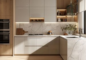 kitchen-with-white-marble-counter-top-black-refrigerator